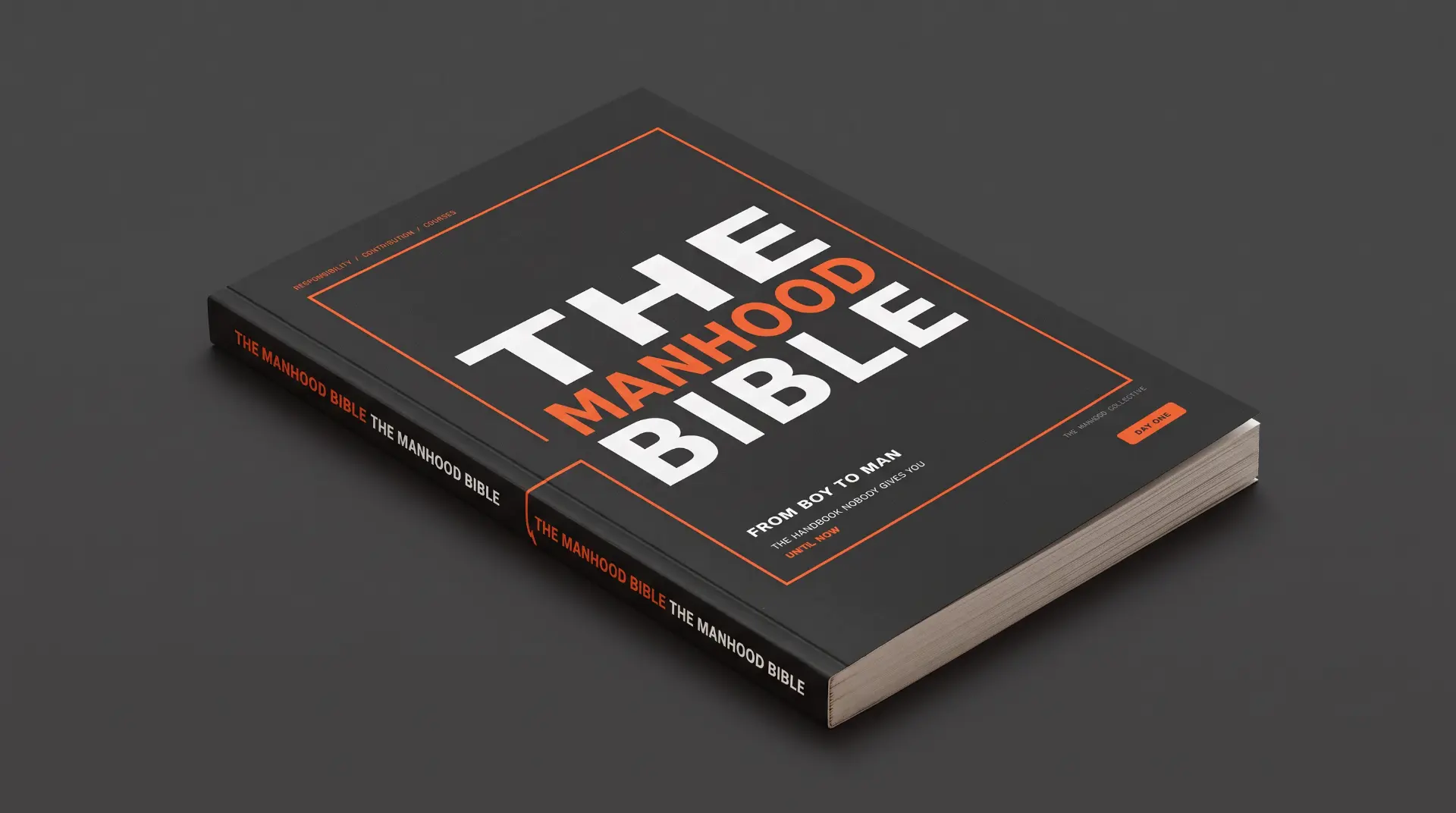 The Manhood Bible physical paperback, shown with its black cover, white title and orange detailing